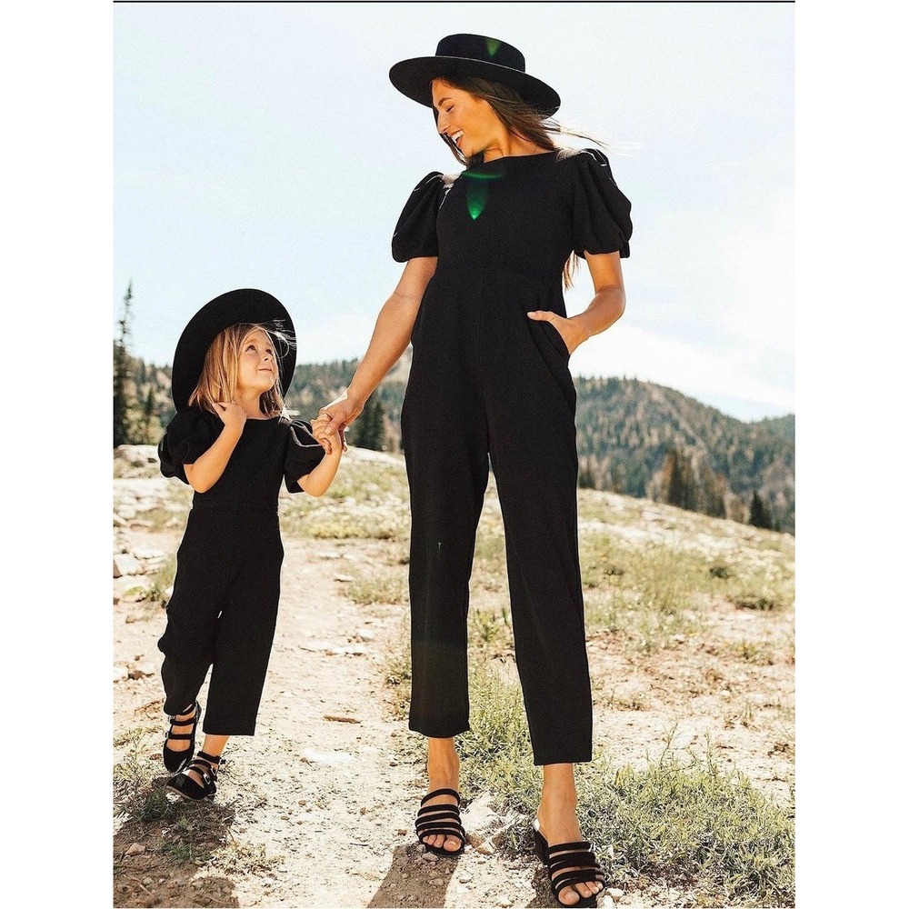 Ivy City Co Black Puff Sleeve Jumpsuit Wide Leg Modest Romper XS